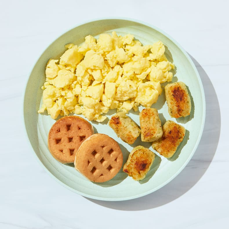 Scrambled Eggs with Mini Waffles & Veggie Tots