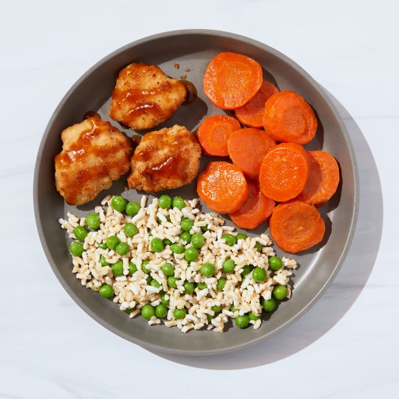 Chicken Katsu Bites with Carrots, Peas & Rice
