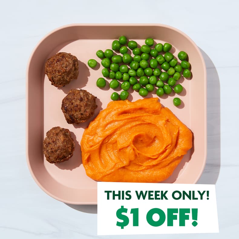 Beef Meatballs with Sweet Mashies & Peas