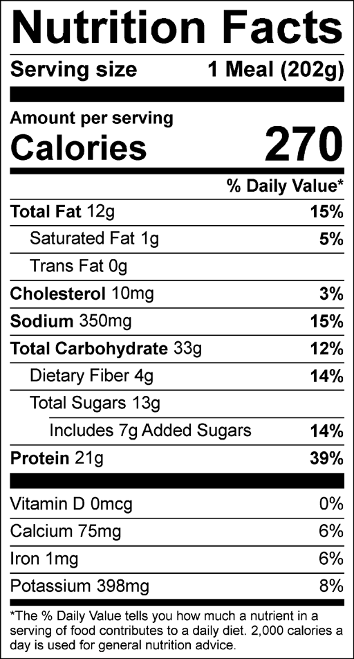 Nutrition Facts for BBQ Chicken with Carrots & Mini Cornbread