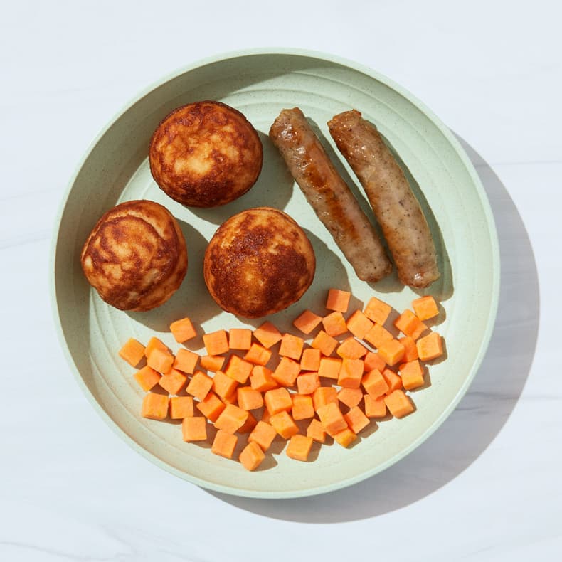 Banana Pancake Puffs with Sausages & Sweet Taters