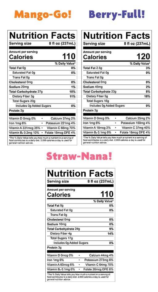 Nutrition Facts for Smoothie Variety 6-Pack – 8 oz. smoothies (6 bottles/pack)