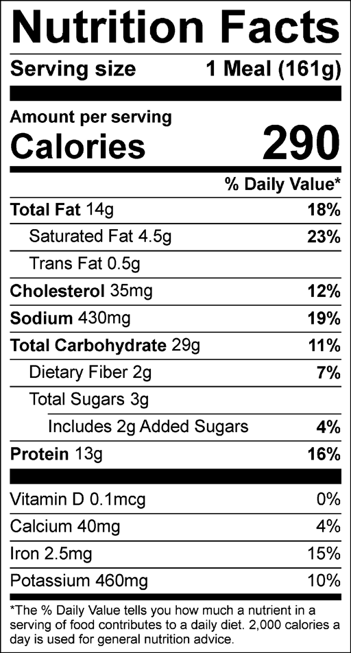 Nutrition Facts for Super Slider with Broccoli & Potato Wedges
