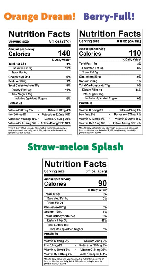 Nutrition Facts for Immunity Boost Smoothie 6-Pack – 8 oz smoothies (6 bottles)