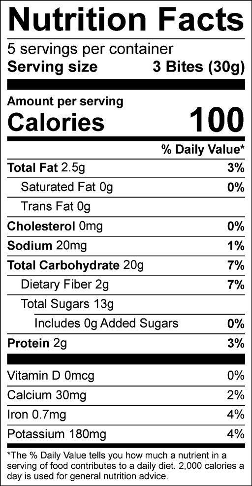 Nutrition Facts for Oatmeal Raisin Mighty Bites – 15 Bites/Bag