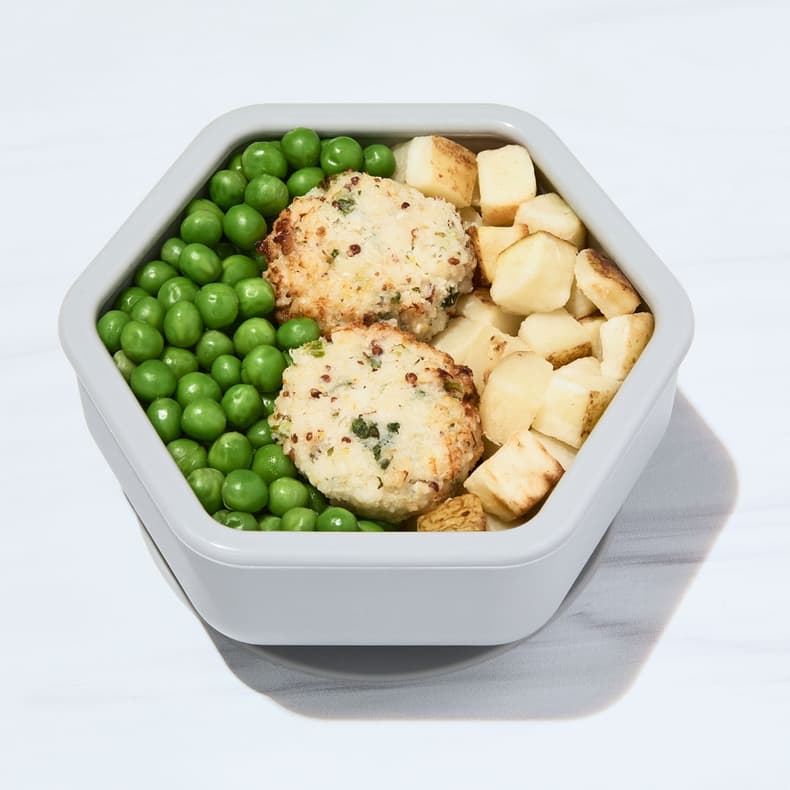 Cod Cake Cuties with Peas & Roasted Potatoes