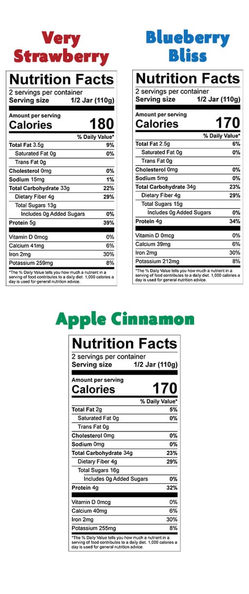 Nutrition Facts for Oaties Variety Pack – 3 jars (6 servings)