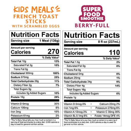 Nutrition Facts for French Toast Bundle – Meal & Smoothie for $11.59
