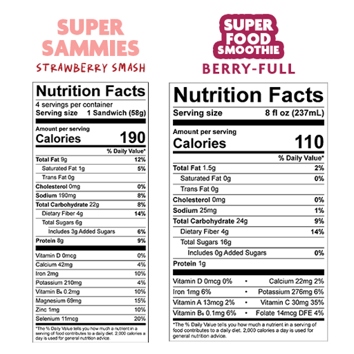 Nutrition Facts for Summer Berry Bundle – Sammies & Smoothies for $16.99