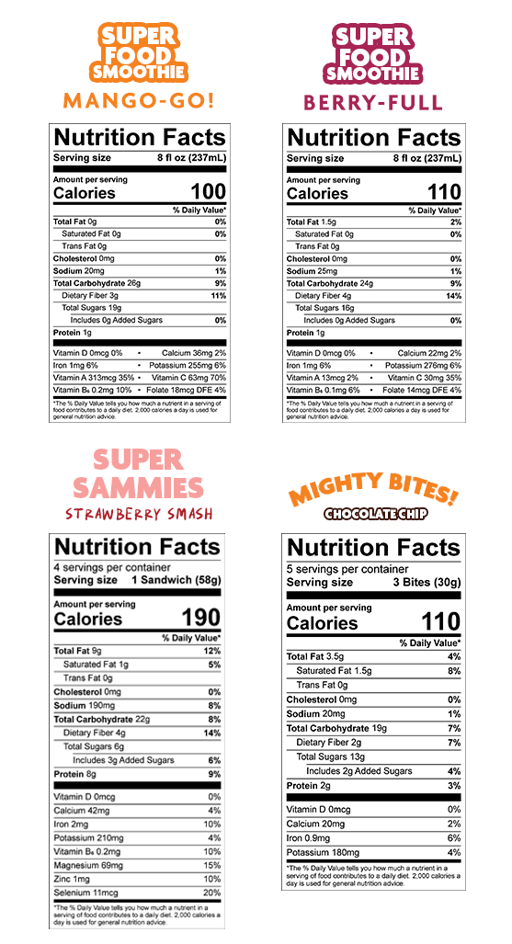 Nutrition Facts for Super Summer Bundle – Snacks & Smoothies for $30.99