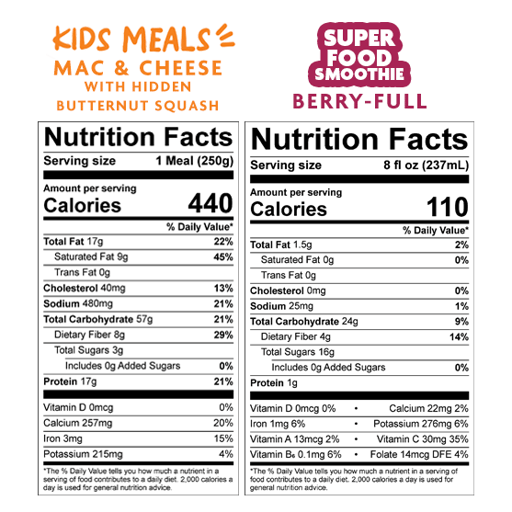 Nutrition Facts for Mac & Cheese Bundle – Meal & Smoothie for $11.59