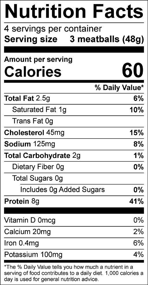 Nutrition Facts for Chicken Meatballs Family Style – 12 Meatballs