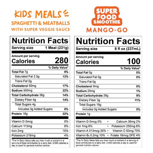 Nutrition Facts for Spaghetti Bundle – Meal & Smoothie for $11.59