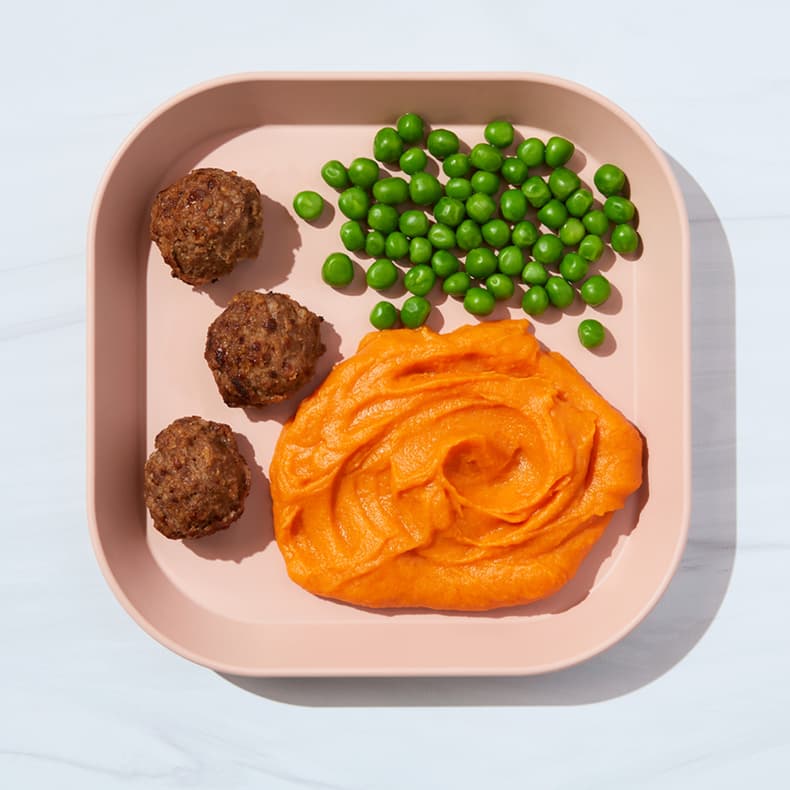 Beef Meatballs with Sweet Mashies & Peas