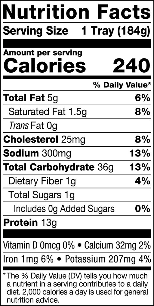 Nutrition Facts for Ramen Noodles (Frozen) with Beef Meatballs & Broccoli