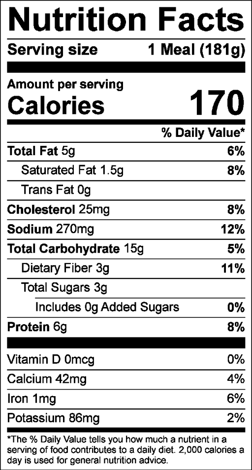 Nutrition Facts for Cheesy Ravioli with Tomato Sauce & Veggies